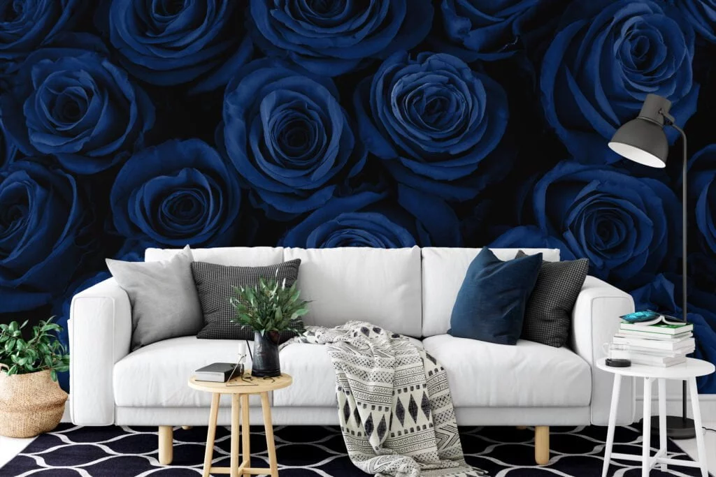 Floral Dark Blue Roses Wallpaper, Midnight Elegant Floral Peel & Stick Wall Mural