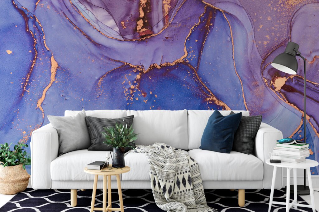 Dark Blue And Purple Alcohol Ink Art Marble Wallpaper, Deep Blue Elegant Peel & Stick Wall Mural