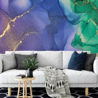Green And Dark Purple Gold Alcohol Ink Art Marble Wallpaper, Mystic Blue & Emerald Marble Peel & Stick Wall Mural