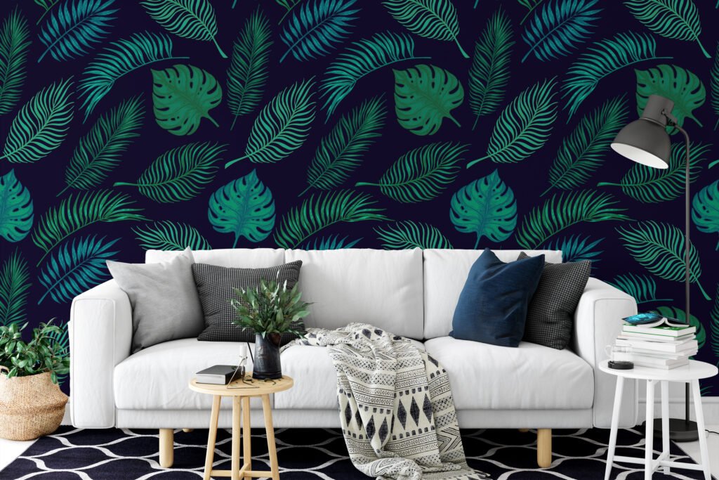 Tropical Leaves Illustration Pattern Wallpaper, Exotic Botanical Leaves Peel & Stick Wall Mural