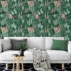 Green Abstract Jungle Flat Art Leaves Illustration Wallpaper, Dark Green & Pink Tropical Leaves Peel & Stick Wall Mural