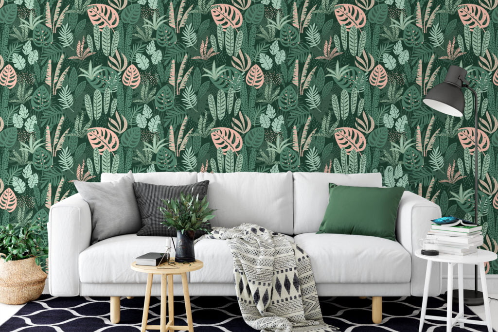 Green Abstract Jungle Flat Art Leaves Illustration Wallpaper, Dark Green & Pink Tropical Leaves Peel & Stick Wall Mural