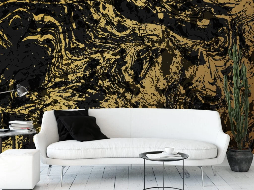 Abstract Gold And Black Marble Swirls Illustration Wallpaper, Striking Marble Effect Peel & Stick Wall Mural