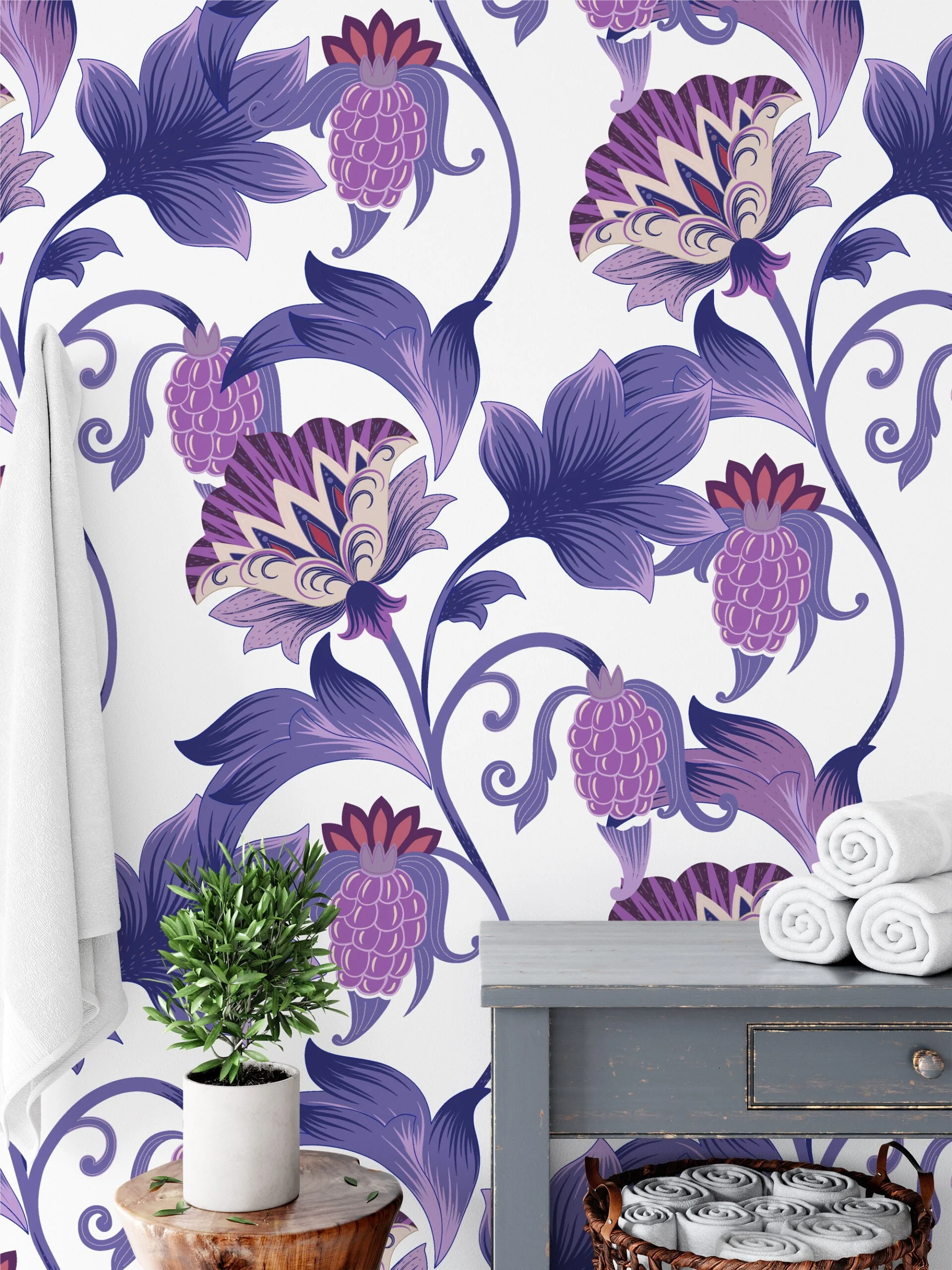Purple Floral Paisley Illustration Wallpaper, Artistic Purple Floral Peel & Stick Wall Mural