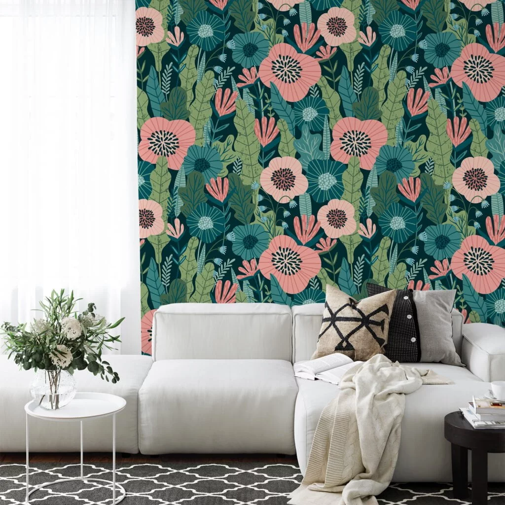 Flat Art Abstract Green Leaves With Flowers Wallpaper, Tropical Pink Blooms On Green Peel & Stick Wall Mural