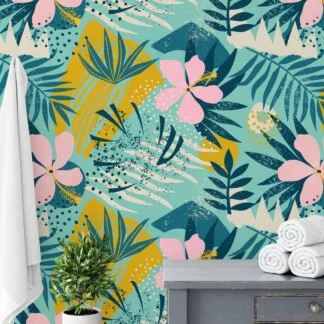 Floral Retro Blossoms and Leaves Flat Art Design Wallpaper, Chic Tropical Botanical Peel & Stick Wall Mural