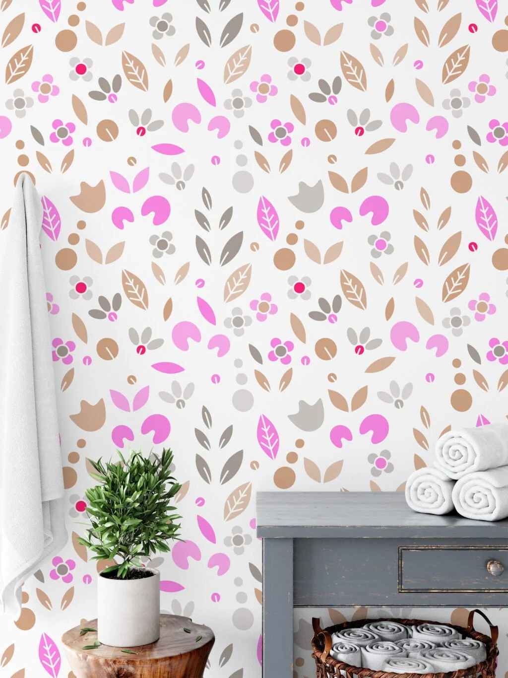 Flat Art Abstract Leaf Shapes Wallpaper, Modern Pink & Brown Nature Design Peel & Stick Wall Mural