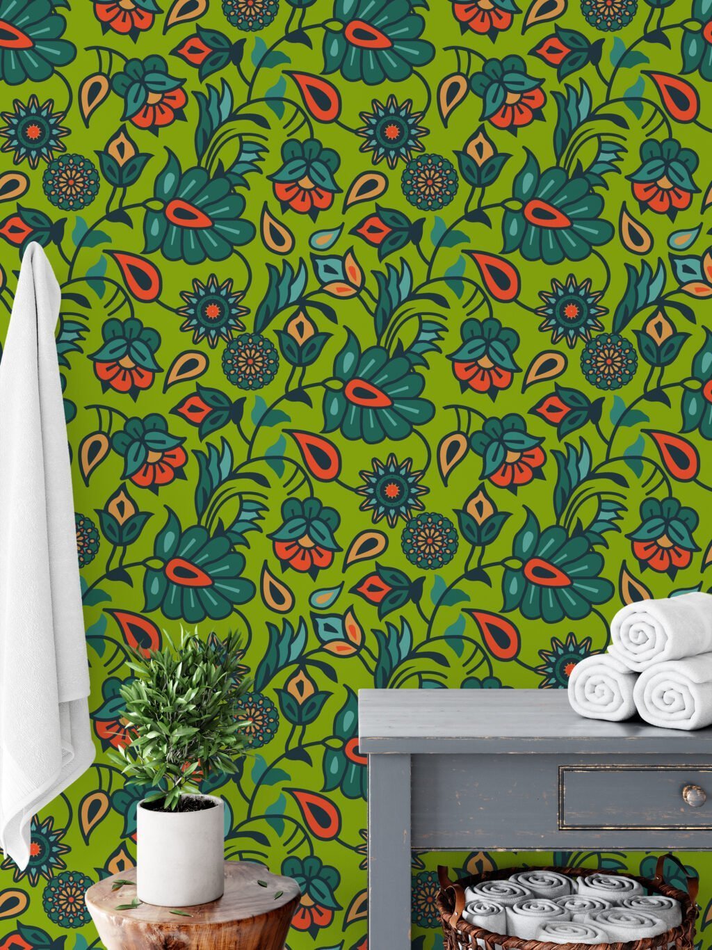 Green Flat Art Floral Wallpaper, Vibrant Retro Garden Peel & Stick Wall Mural