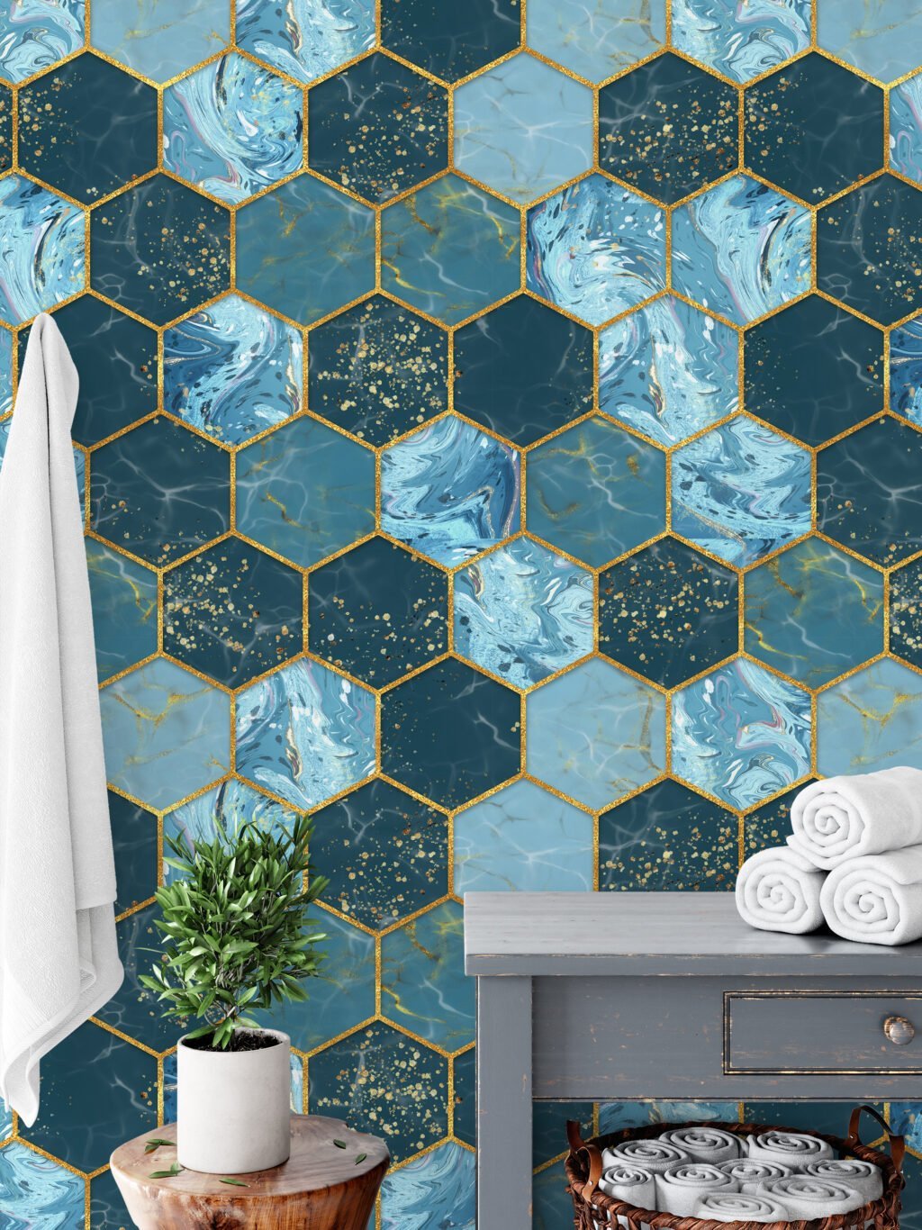 Teal Blue Hexagon Pattern With Gold Colored Highlights Wallpaper, Luxurious Blue Geometric Peel & Stick Wall Mural