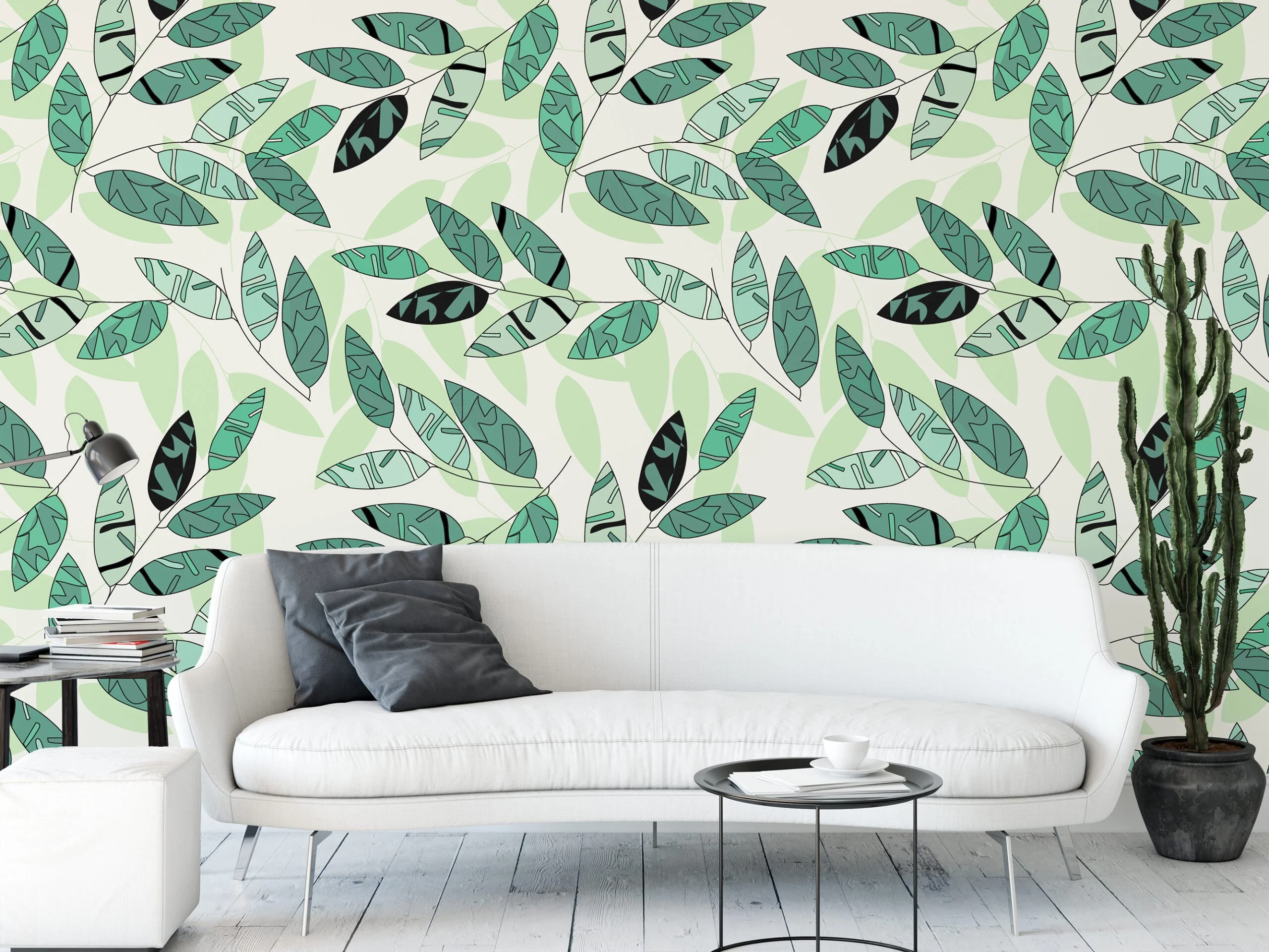 Outlined Green Leaves Wallpaper, Fresh Green Botanical Design Peel & Stick Wall Mural
