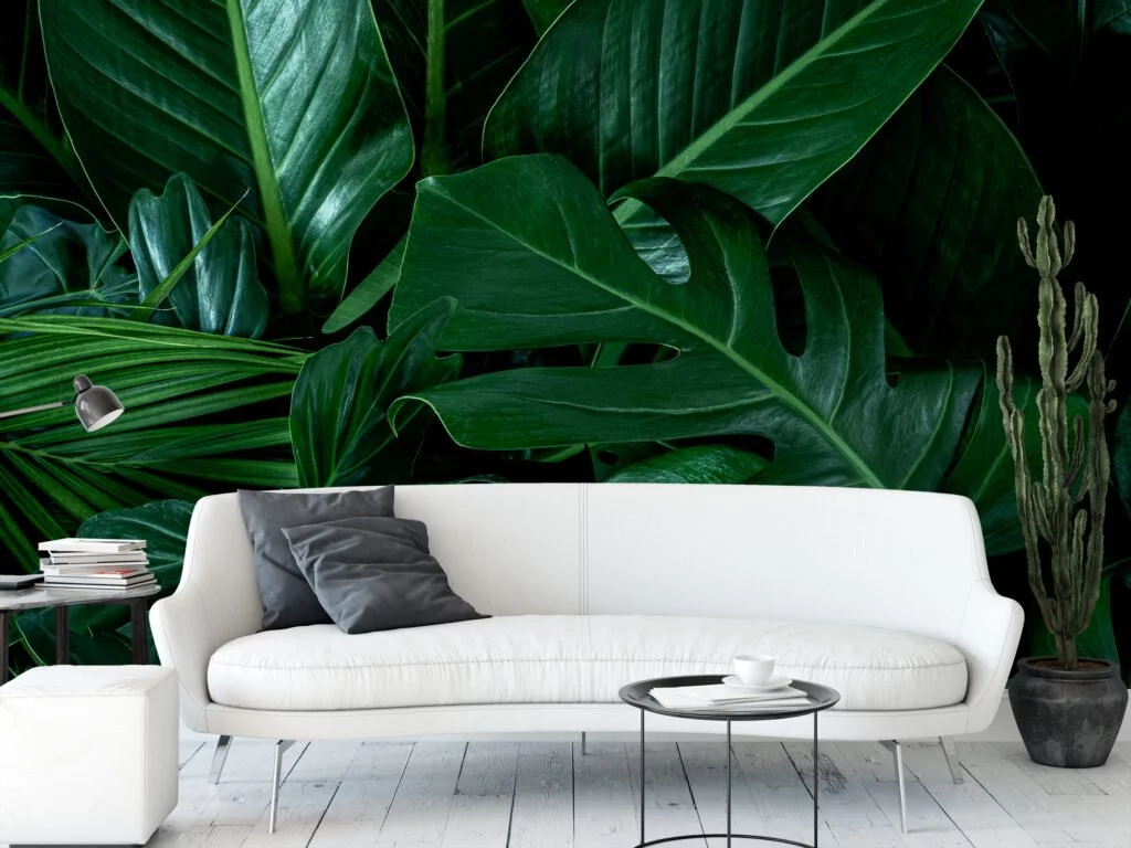 Large Dark Tropical Monstera Leaves Wallpaper, Green Verdant Monstera Peel & Stick Wall Mural