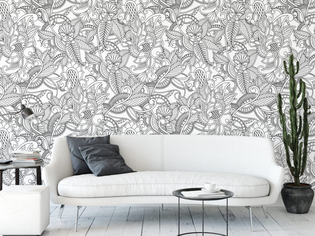 Black And White Paisley Line Art Wallpaper, Monochrome Botanical Peel & Stick Wall Mural