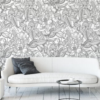 Black And White Paisley Line Art Wallpaper, Monochrome Botanical Peel & Stick Wall Mural