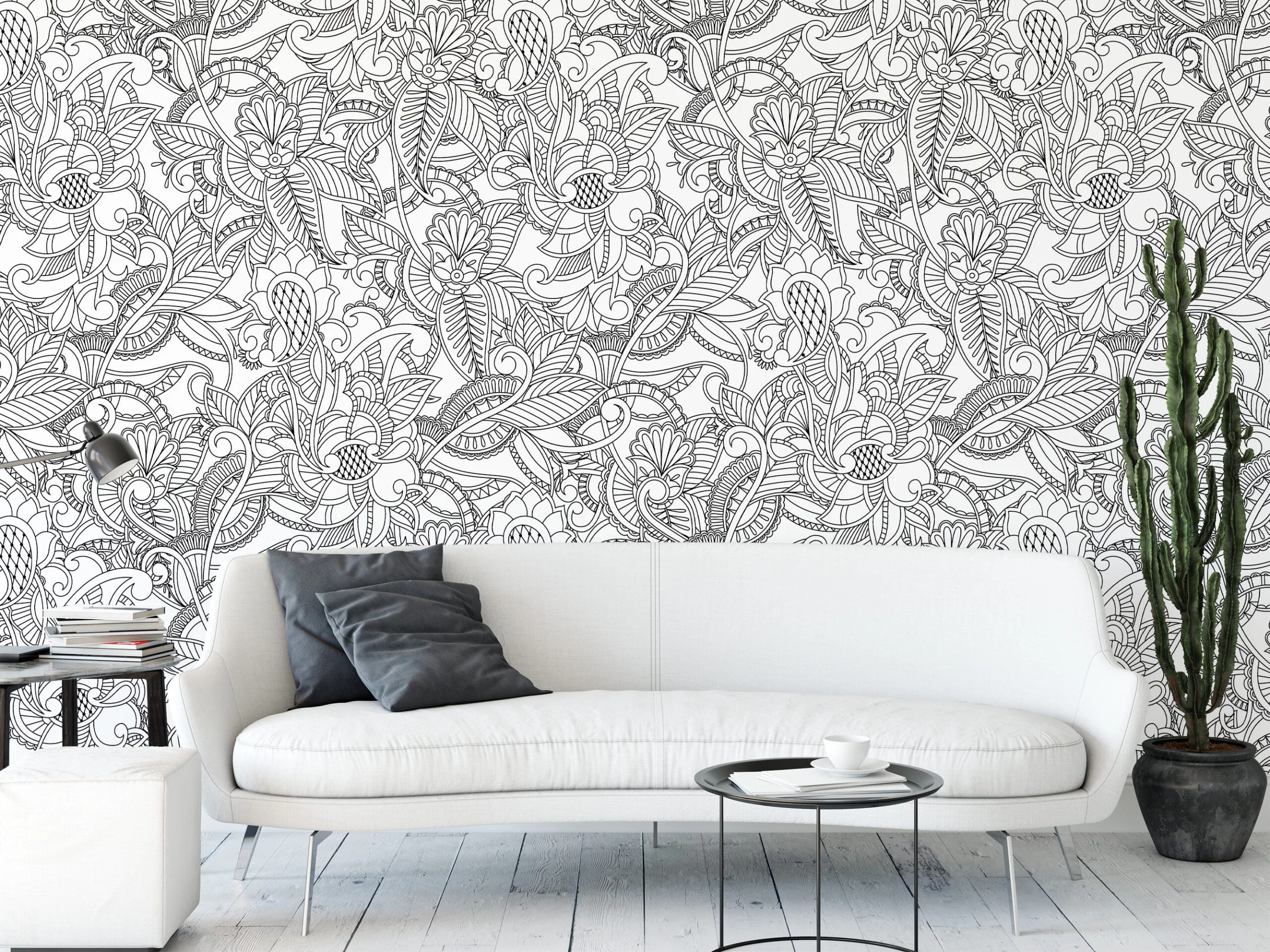 Black And White Paisley Line Art Wallpaper, Monochrome Botanical Peel & Stick Wall Mural