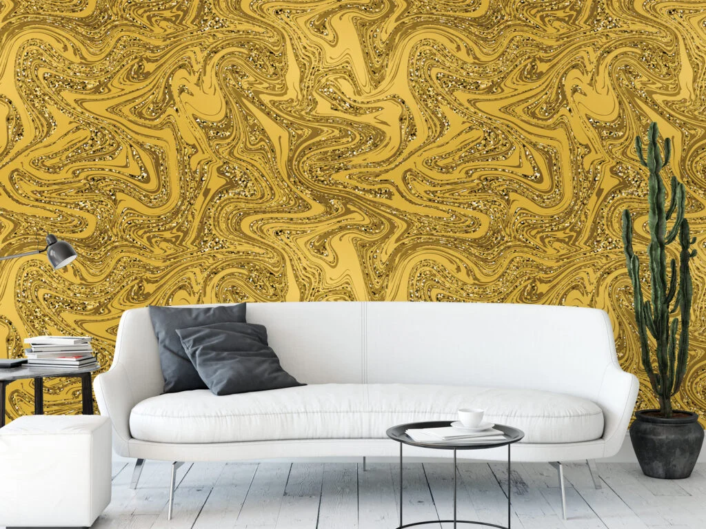 Sparkly Gold Yellow Marble Illustration Wallpaper, Abstract Liquid Gold Swirl Peel & Stick Wall Mural