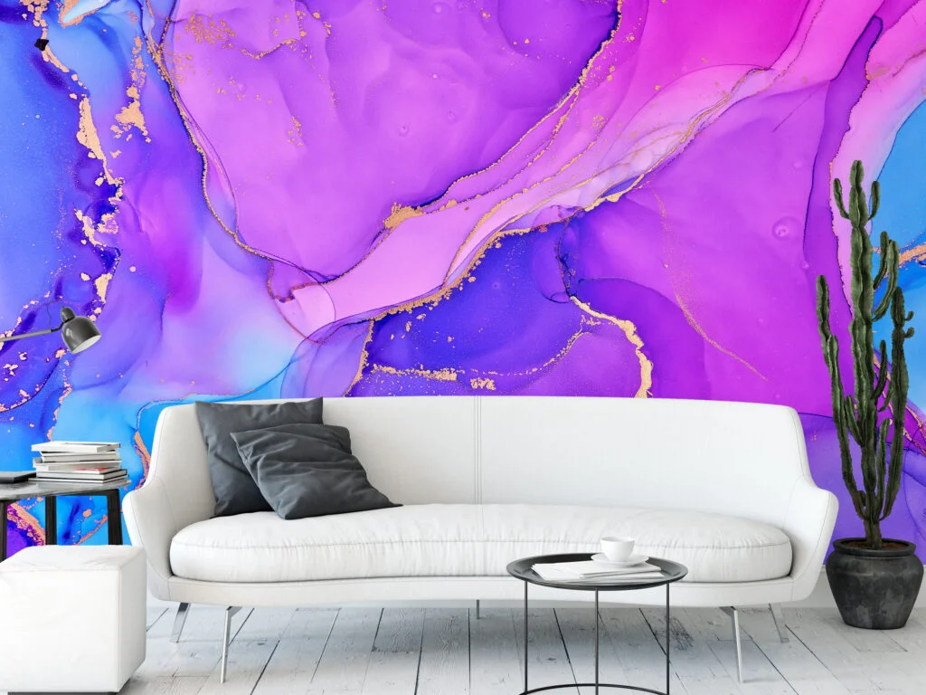Bright Pink Purple And Blue Alcohol Ink Art Marble Wallpaper, Majestic Purple Dreamscape Peel & Stick Wall Mural