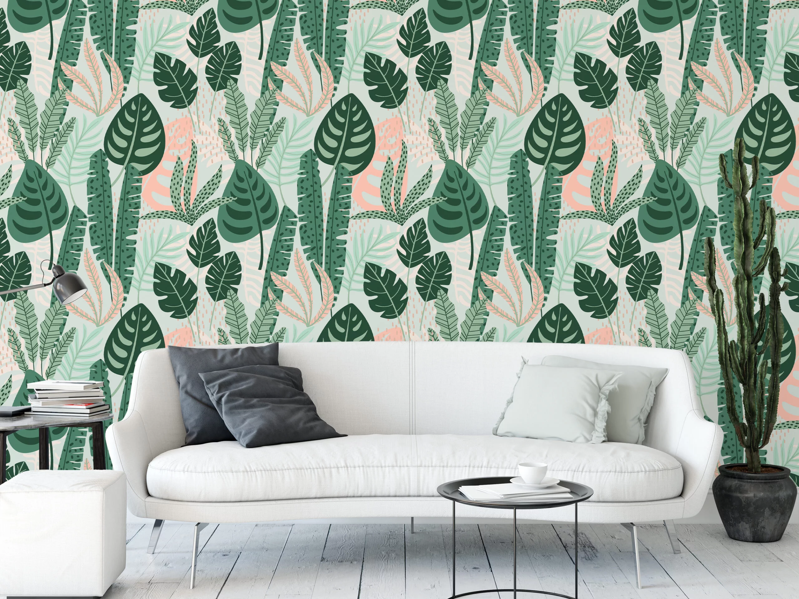 Monstera Leaves Green Abstract Flat Art Illustration Wallpaper, Serene Tropical Foliage Peel & Stick Wall Mural