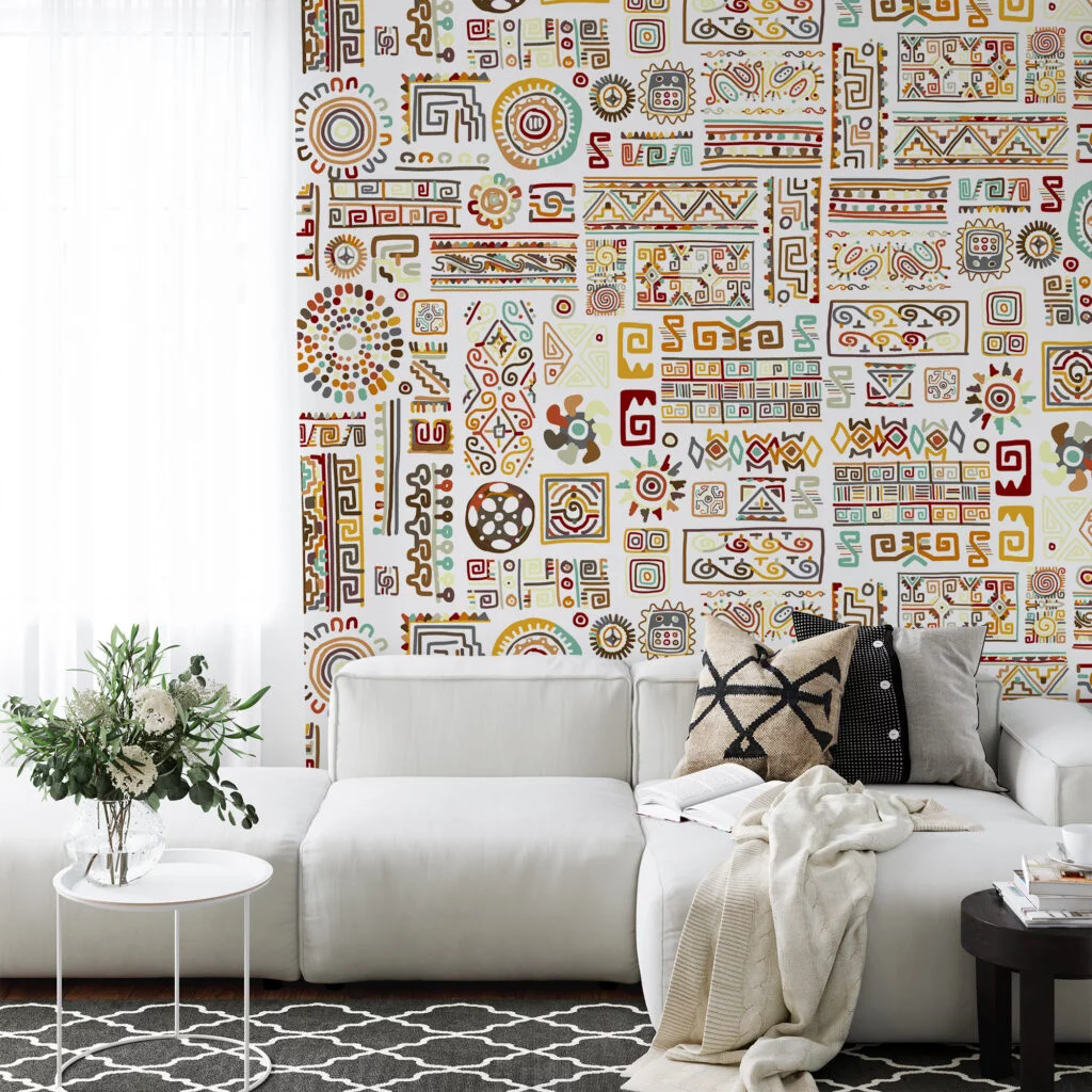 Abstract Historic Hieroglyphs Illustration Wallpaper On A White Background, Art Deco Tribal Peel & Stick Wall Mural