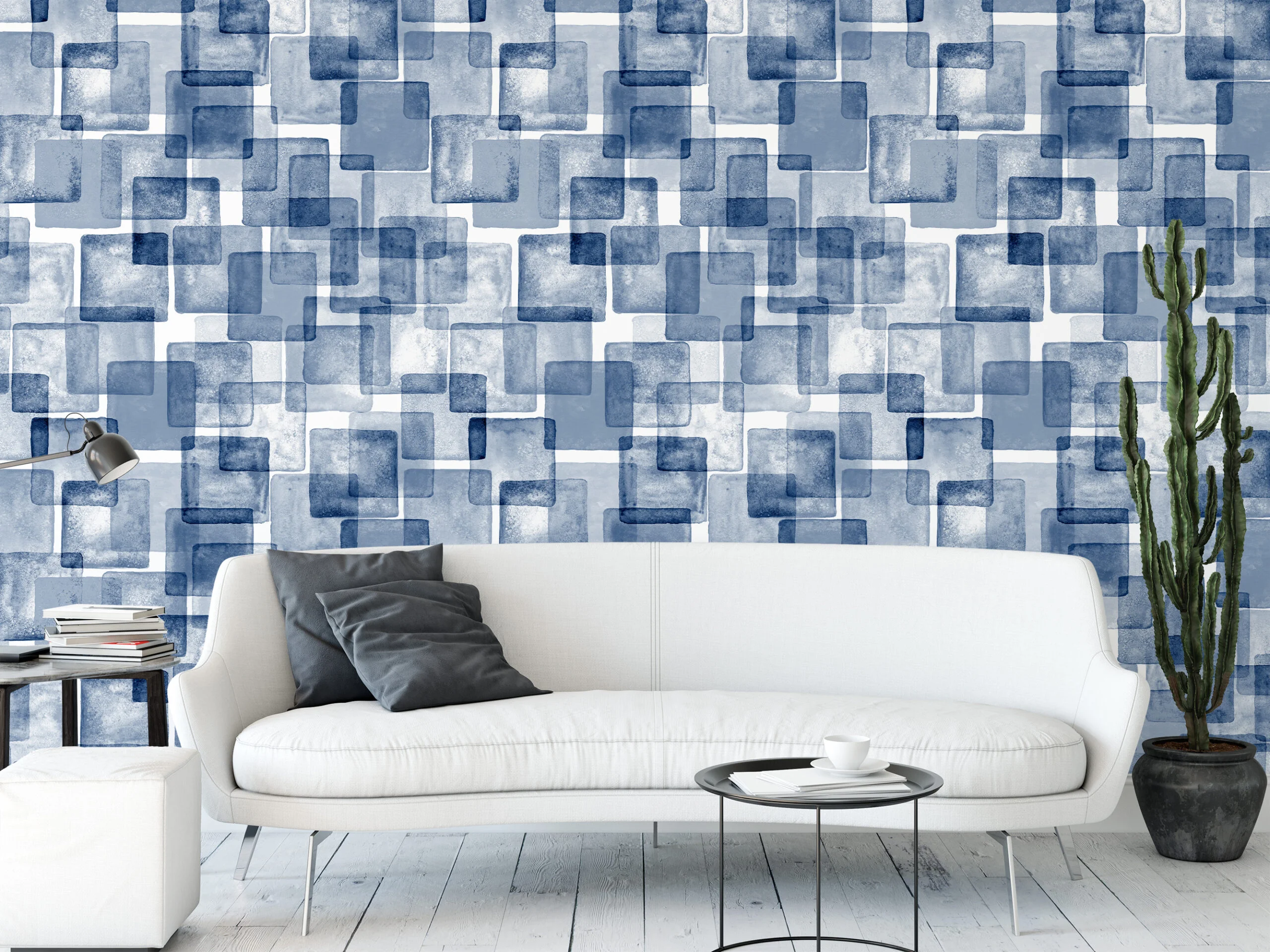 Watercolor Style Blue Squares Geometric Illustration Wallpaper, Artistic Cubist Dreams Peel & Stick Wall Mural