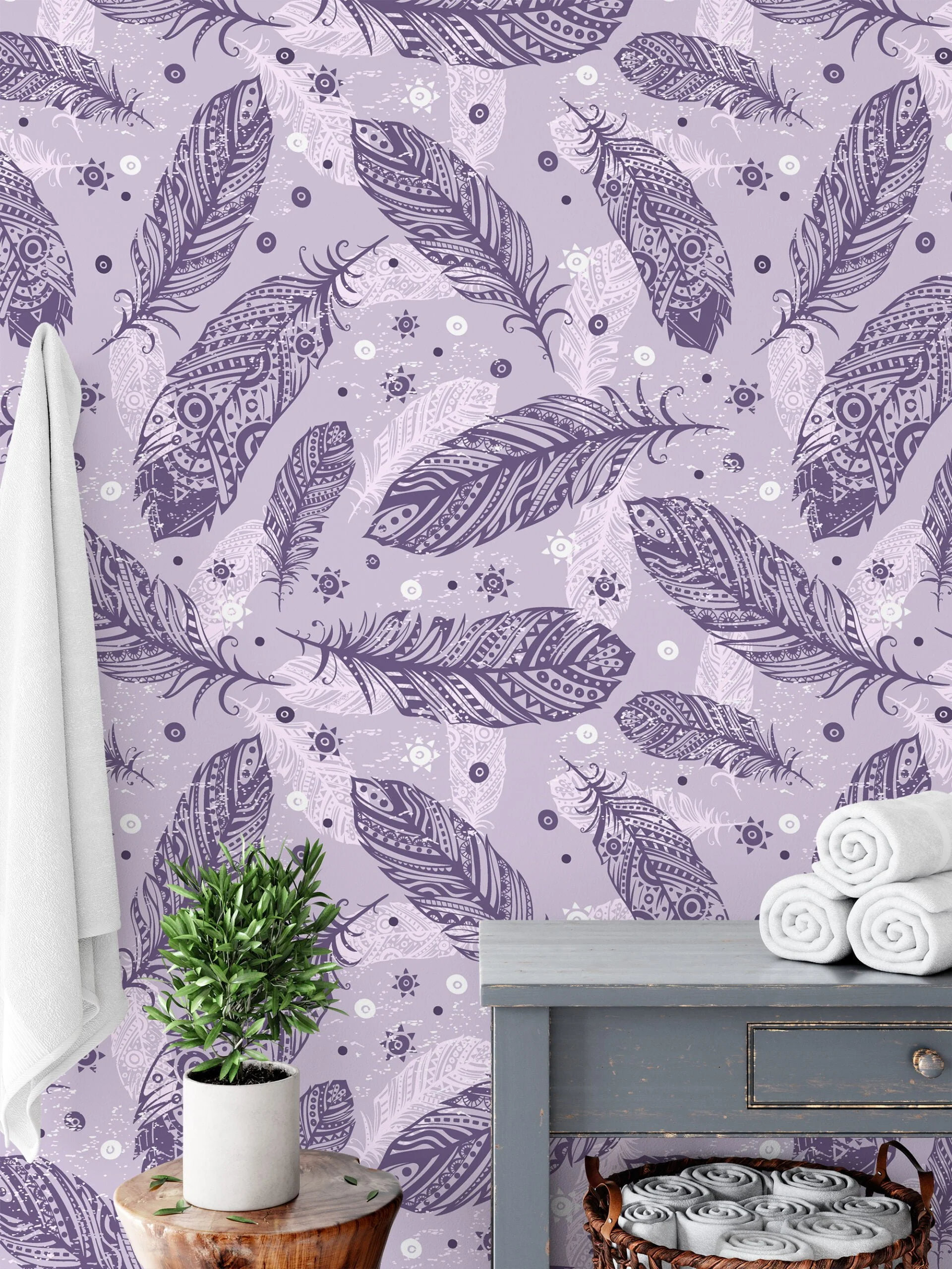 Purple And Lilac Feathers Pattern Wallpaper, Elegant Feather Line Art Peel & Stick Wall Mural