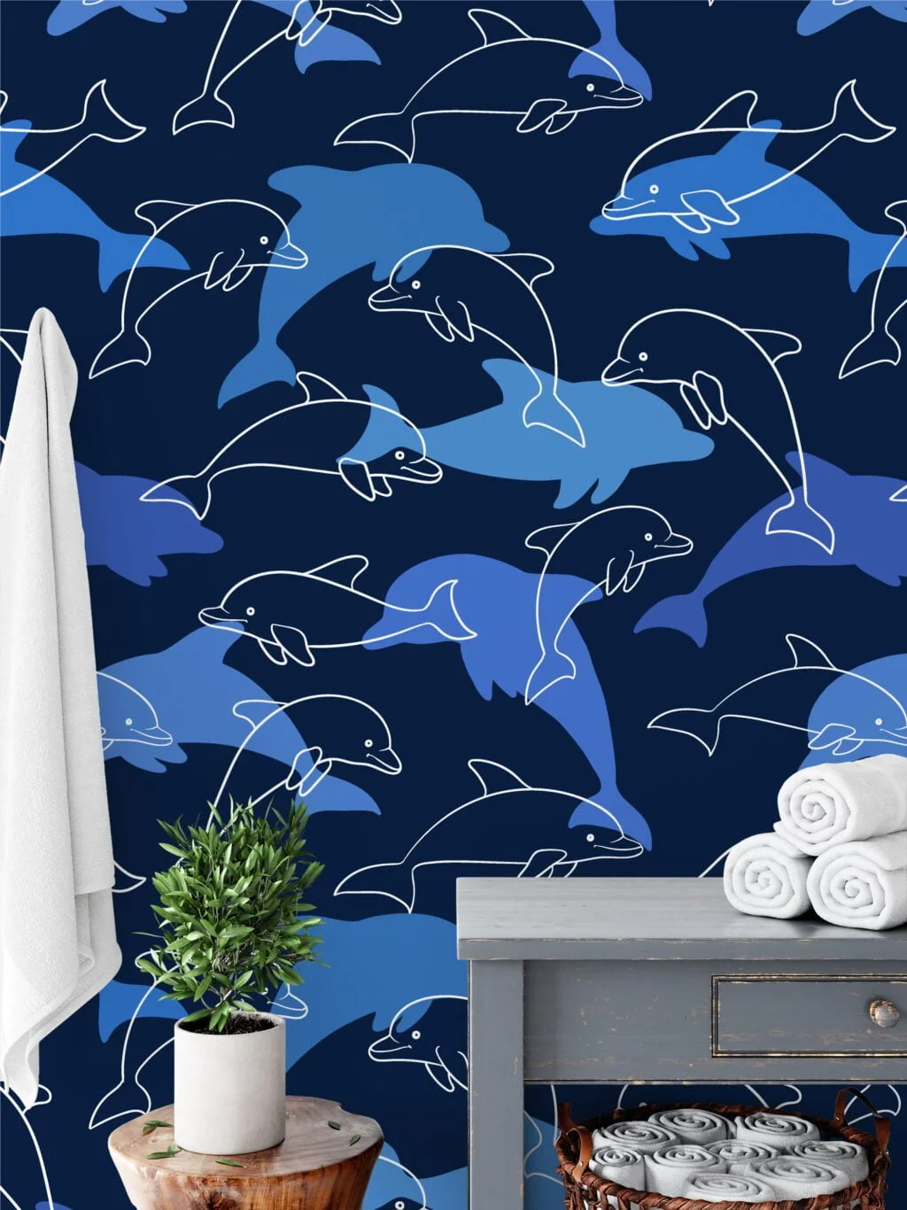 Blue Dolphins Pattern Illustration Wallpaper, Serene Blue Oceanic Kids' Room Peel & Stick Wall Mural