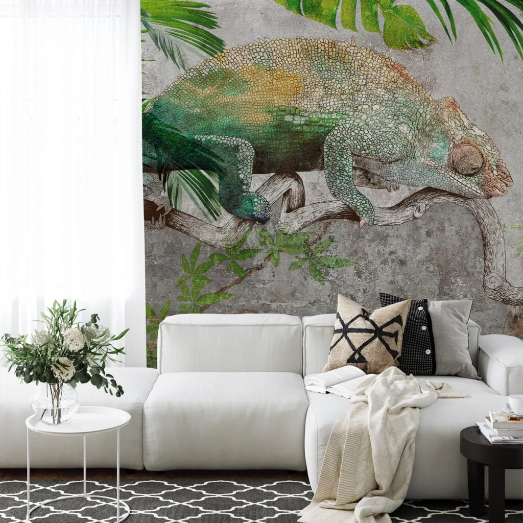 Chameleon On A Stone Foliage Illustration Wallpaper, Nature-Inspired Decor Peel & Stick Wall Mural