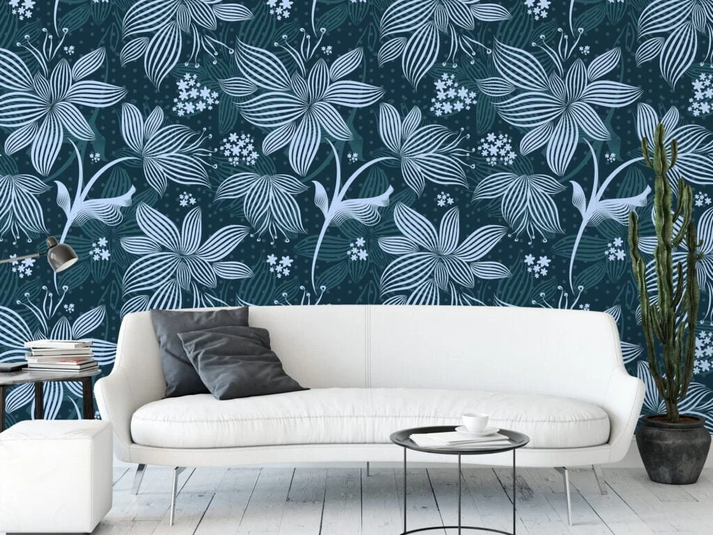 Abstract Floral Illustration Wallpaper, Winter Blooms Line Art Peel & Stick Wall Mural