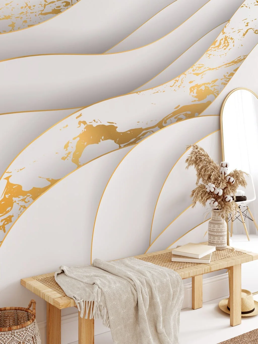 Abstract Three Dimensional Paper Effect Light Wallpaper, Elegant White and Gold Marble Peel & Stick Wall Mural