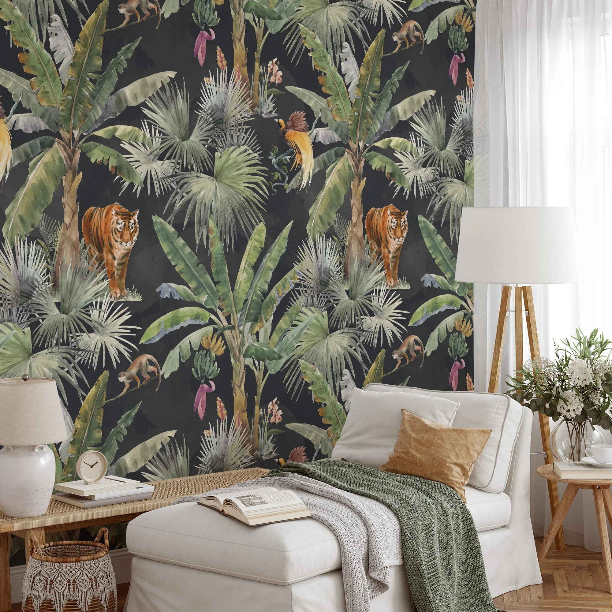 Watercolor Style Tropical Wallpaper With Exotic Animals And A Dark Background, Lush Dark Jungle Peel & Stick Wall Mural