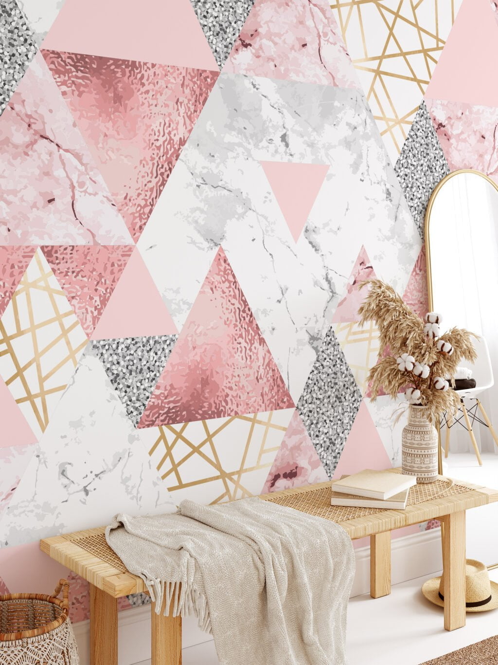 Grey And Pink Geometric Shaped Wallpaper With Frosted Texture Effect, Modern Triangular Peel & Stick Wall Mural