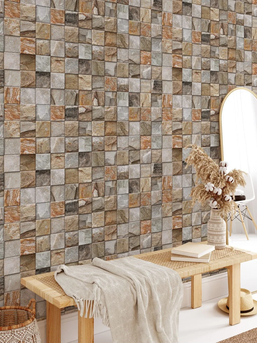 Mosaic Style Brick Wall Square Tiles Wallpaper, Rustic And Natural Peel & Stick Wall Mural