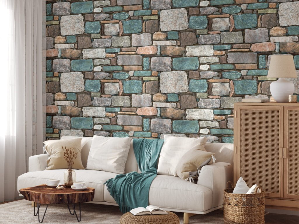 Stone Brick Wall Pattern With Teal Blue Highlights Wallpaper, Multi-Toned Stone Mosaic Peel & Stick Wall Mural