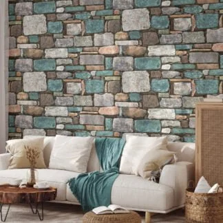 Stone Brick Wall Pattern With Teal Blue Highlights Wallpaper, Multi-Toned Stone Mosaic Peel & Stick Wall Mural