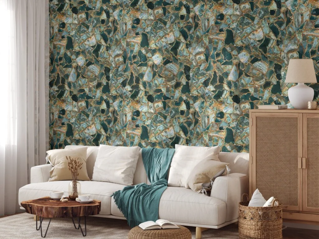 Emerald Green Cracked Stone Texture Wallpaper, Luxe Gold Accented Marble Design Peel & Stick Wall Mural