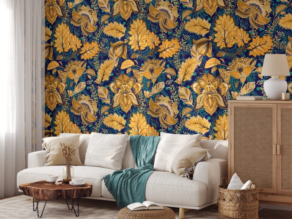 Yellow Floral Paisley Pattern Wallpaper, Luxurious Gold Floral Art Deco Peel & Stick Wall Mural