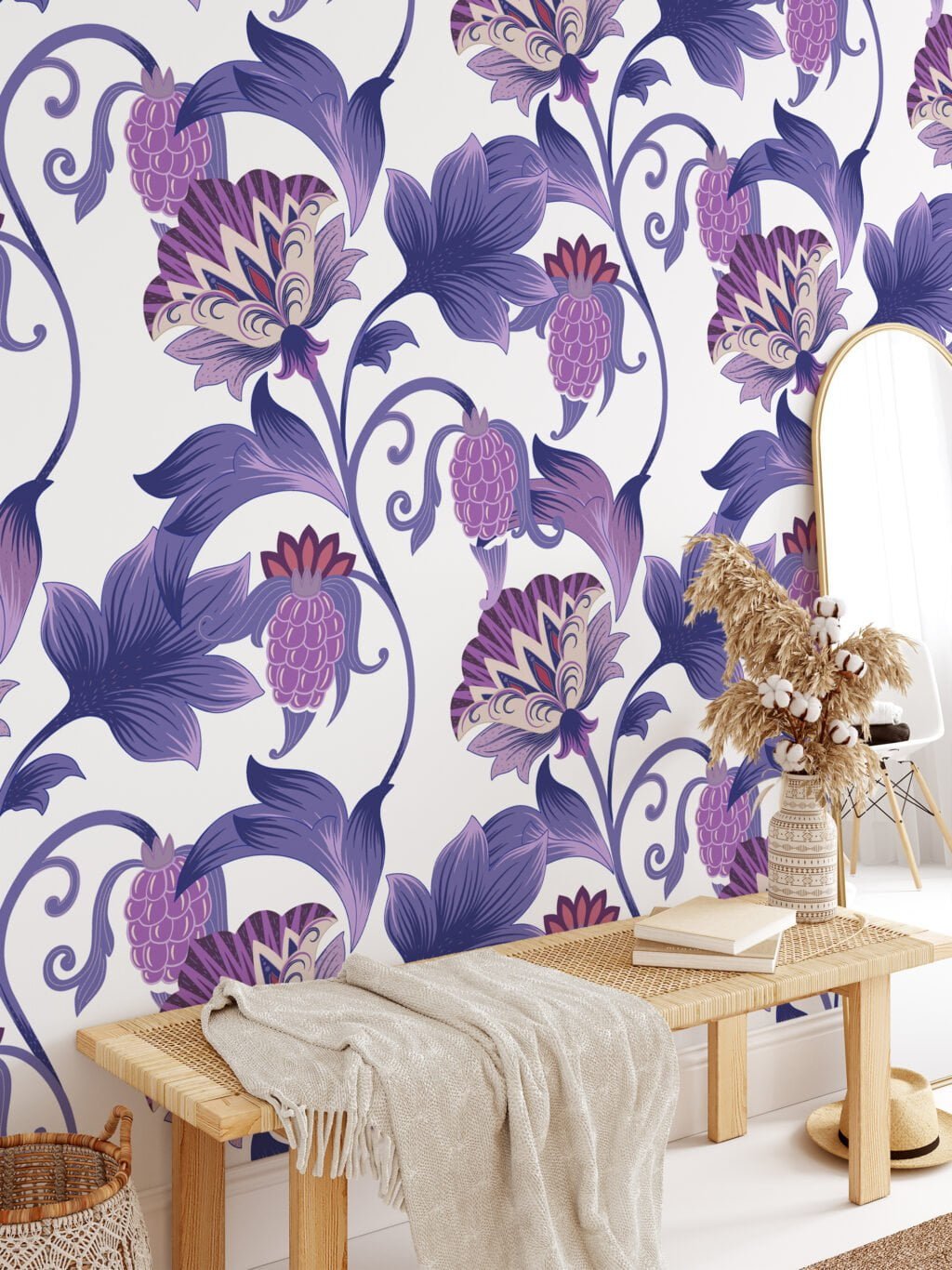 Purple Floral Paisley Illustration Wallpaper, Artistic Purple Floral Peel & Stick Wall Mural