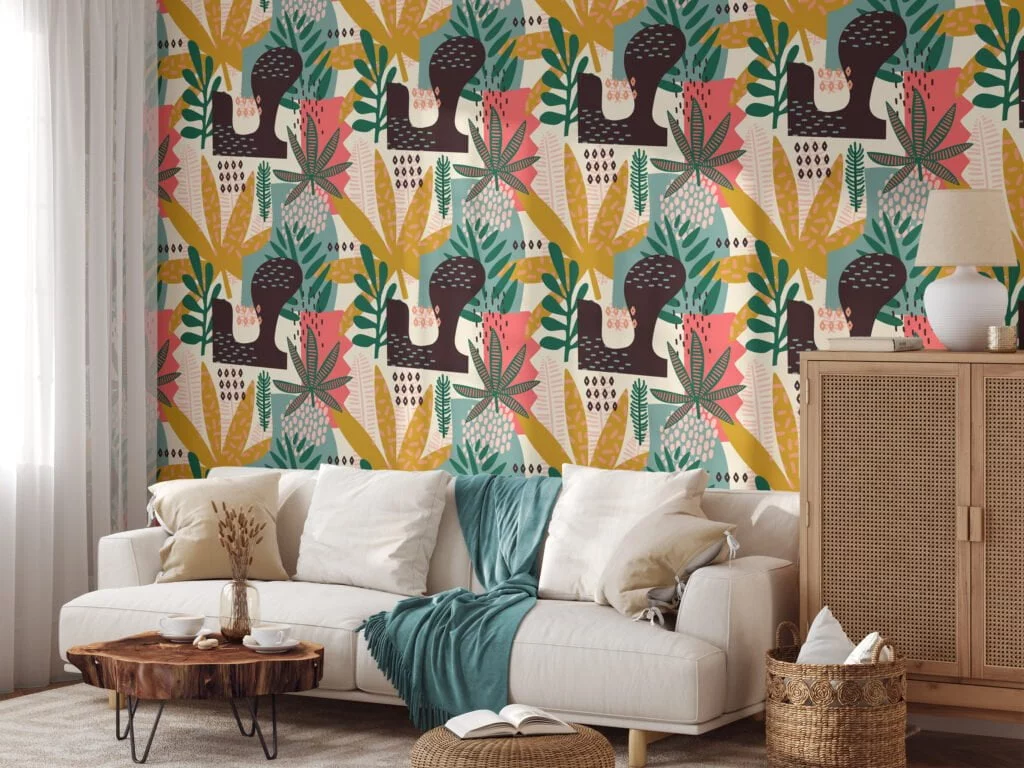 Abstract Tropical Leaves And Shapes Flat Art Design Wallpaper, Jungle Motif Design Peel & Stick Wall Mural