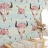 Watercolor Bull Skull With Flowers Illustration Wallpaper, Boho Chic Skull & Floral Peel & Stick Wall Mural