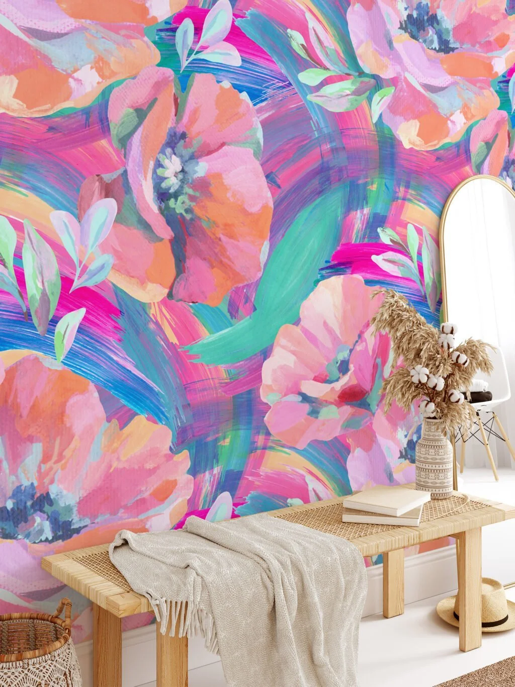 Large Floral Abstract Painted Effect Illustration Wallpaper, Vivid Watercolor Blossoms Peel & Stick Wall Mural