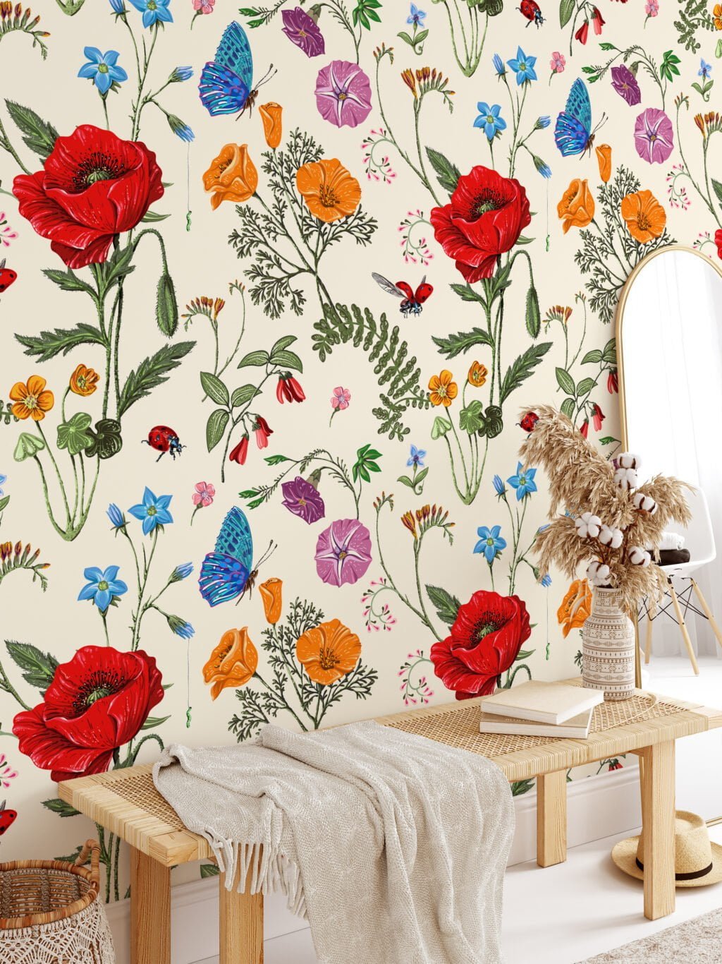 Floral Illustration With Bugs Wallpaper, Vintage Garden Symphony Peel & Stick Wall Mural