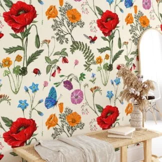 Floral Illustration With Bugs Wallpaper, Vintage Garden Symphony Peel & Stick Wall Mural