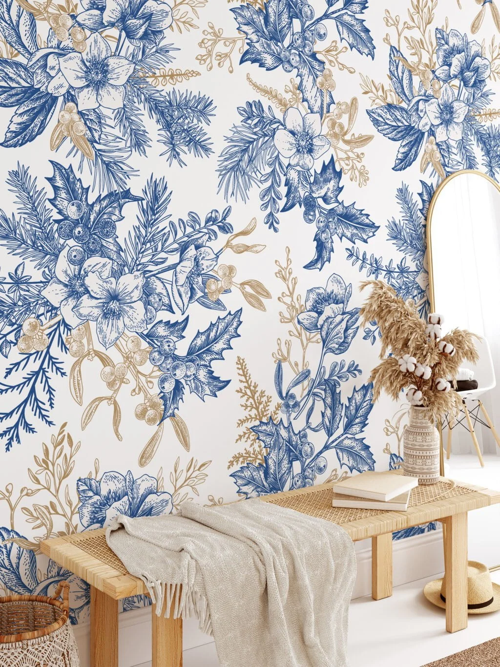 Vintage Blue And Beige Flowers And Berries Wallpaper, Art Deco Elegance Peel & Stick Wall Mural