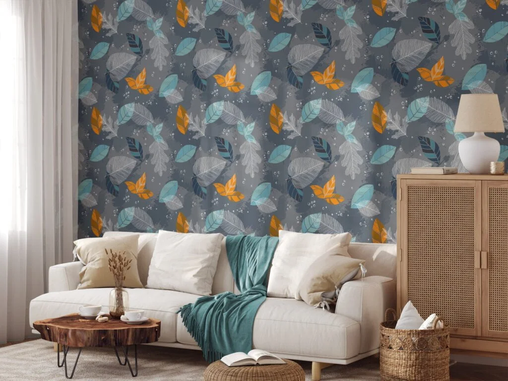 Abstract Blue And Orange Leaves Illustration Wallpaper, Whimsical Cool Autumn Peel & Stick Wall Mural