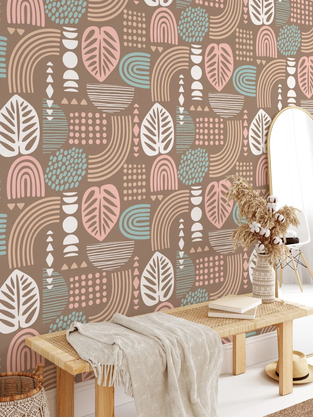 Pastel Colored Neutral Boho Illustration Wallpaper, Modern Geometric AbstractionPeel & Stick Wall Mural