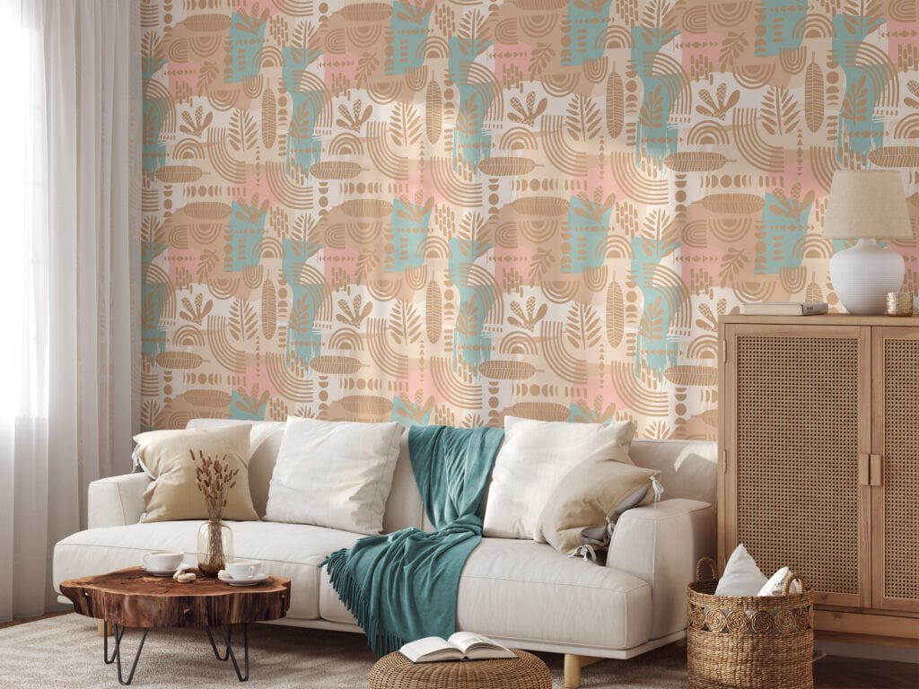 Pastel Boho Illustration Wallpaper, Soft Hued Decor Peel & Stick Wall Mural