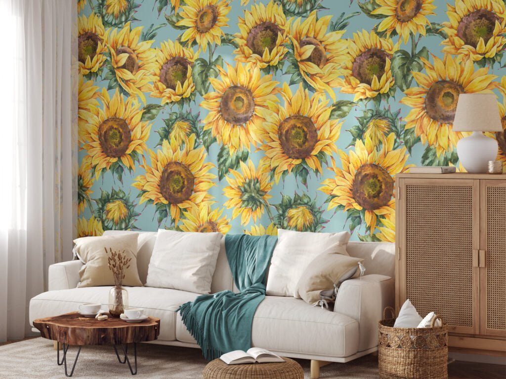 Watercolor Style Sunflowers Floral Illustration Wallpaper, Sunny Flower Peel & Stick Wall Mural