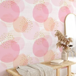 Pink Confetti Circles Illustration Pattern Wallpaper, Soft Pink Spheres & Golden Specks Peel & Stick Wall Mural