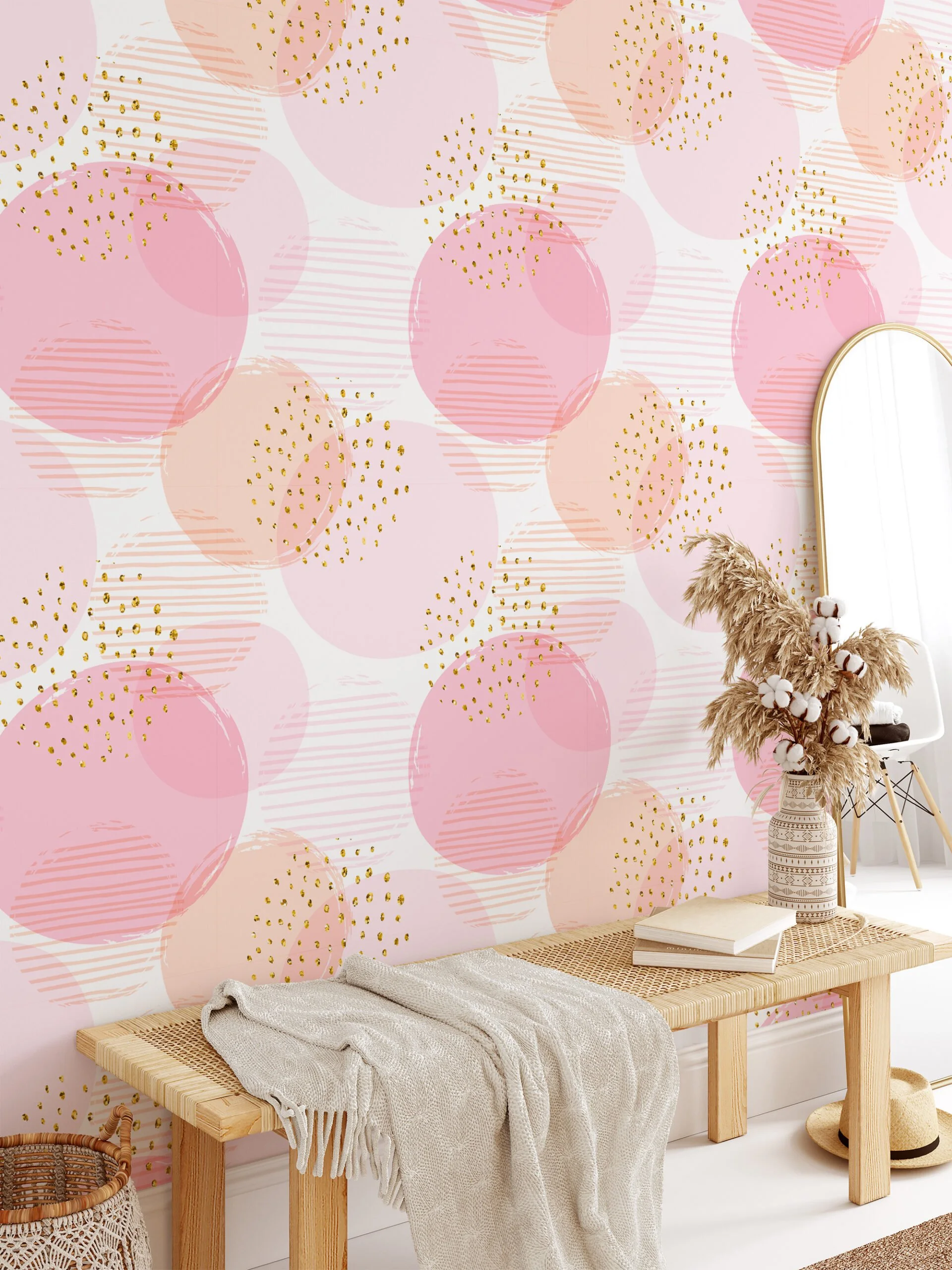 Pink Confetti Circles Illustration Pattern Wallpaper, Soft Pink Spheres & Golden Specks Peel & Stick Wall Mural