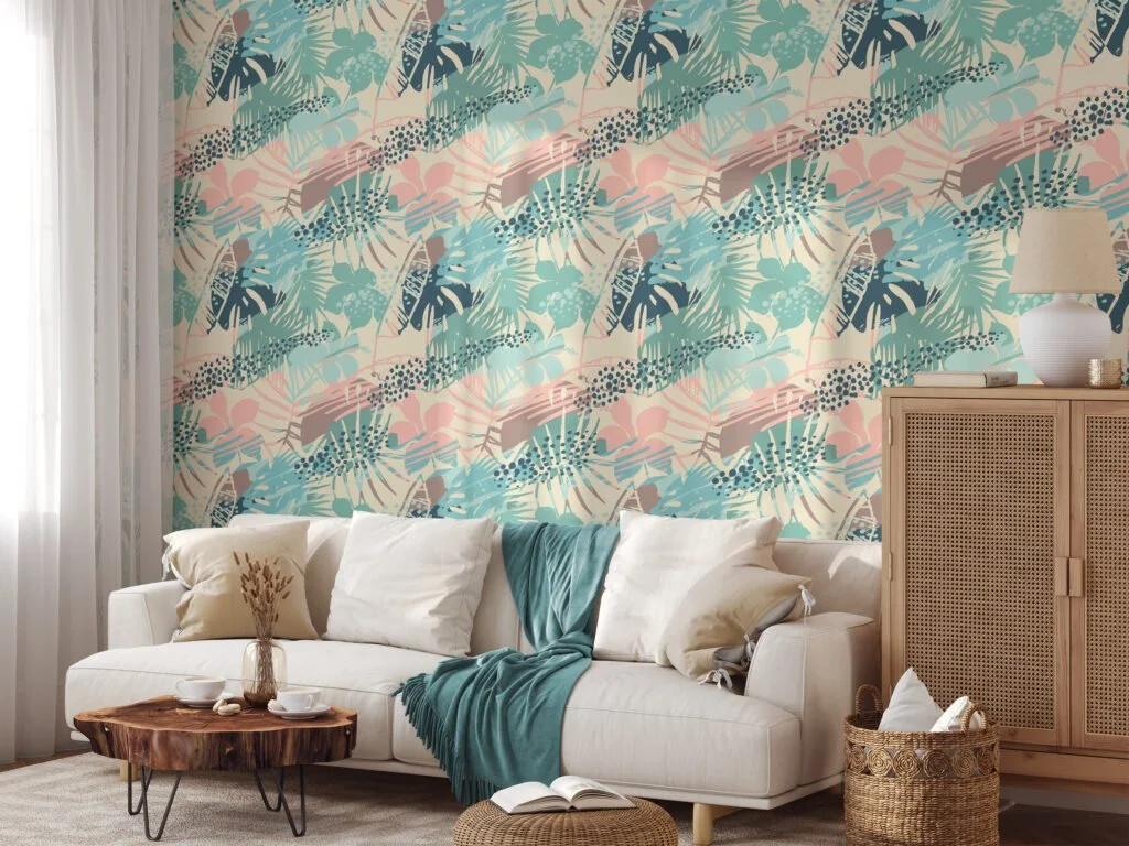 Summer Vibes Retro Colored Tropical Illustration Wallpaper, Soft Pastel Peel & Stick Wall Mural