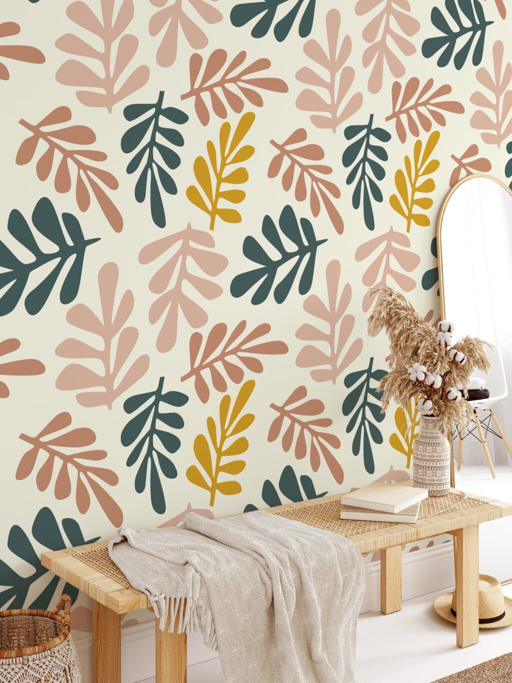 Abstract Boho Shaped Leaves Pattern Illustration Wallpaper, Soothing Leaf Pattern Peel & Stick Wall Mural